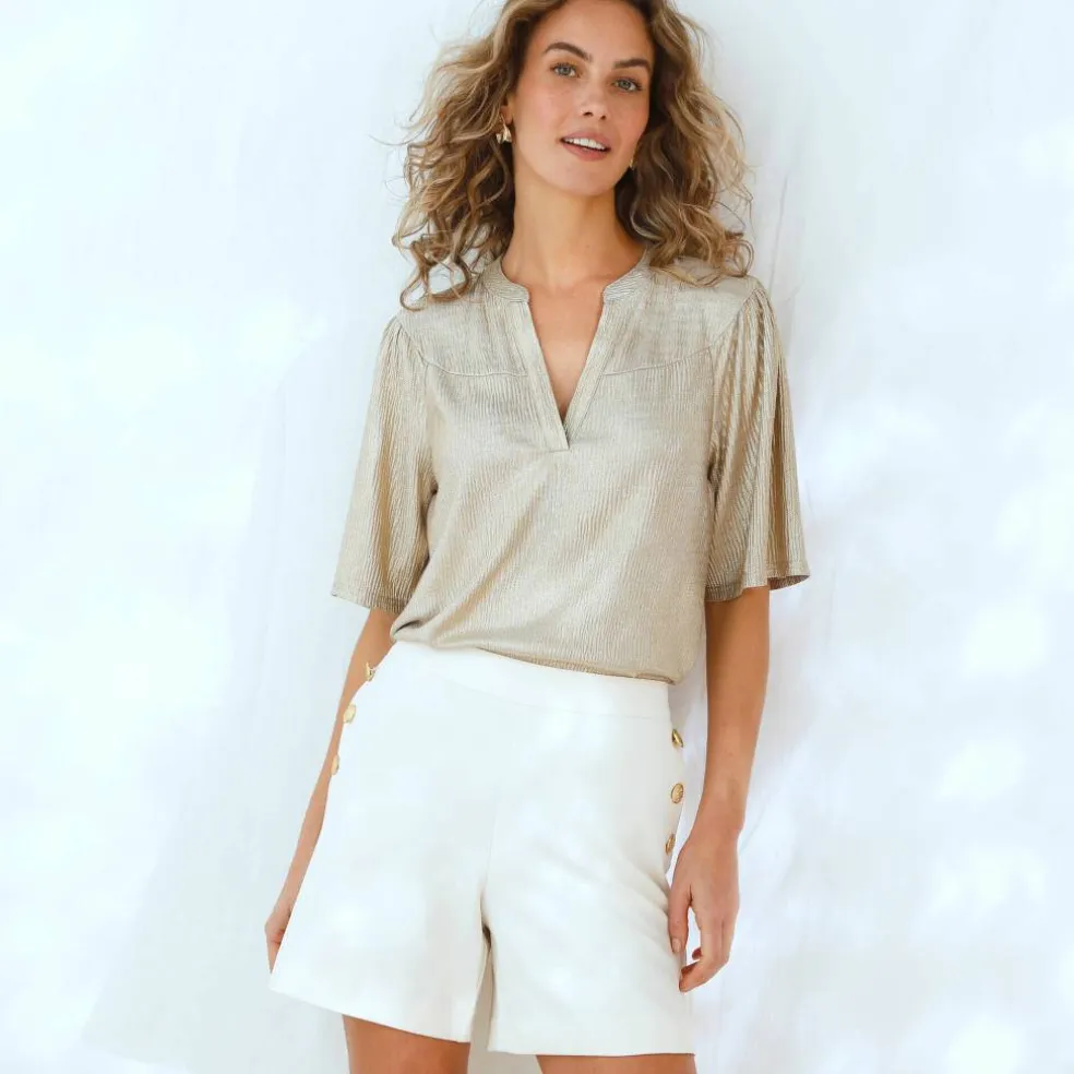 T-shirt doré manches "coude", maille fantaisie plissée