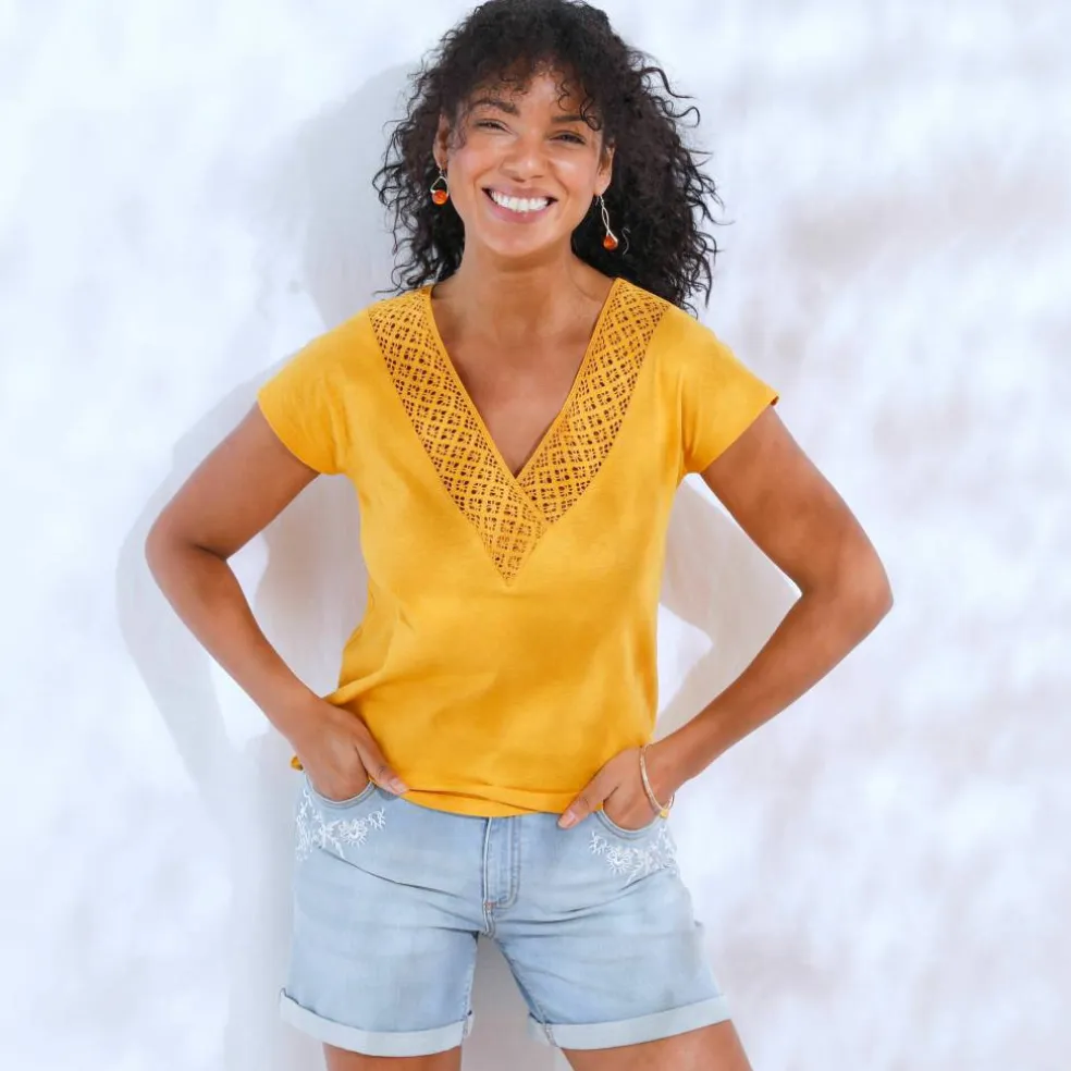T-shirt forme "boîte" col V macramé, coton-lin