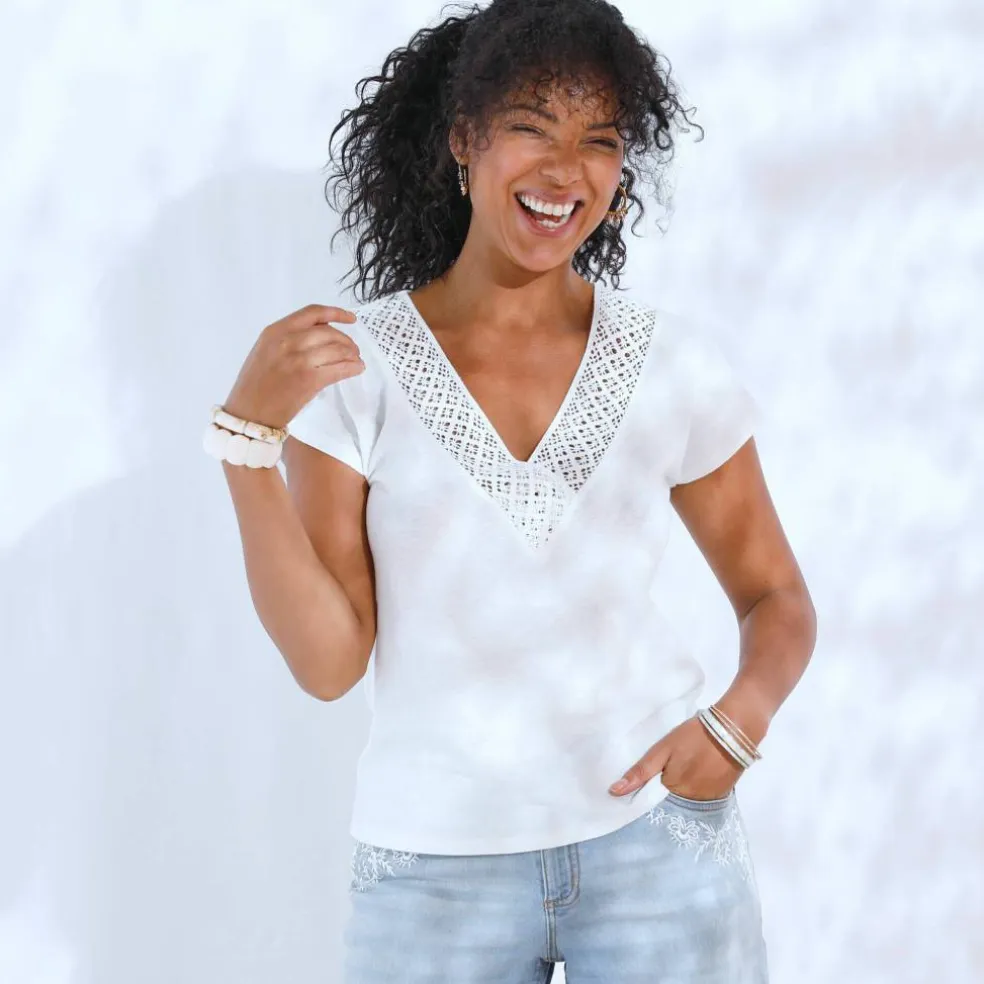 T-shirt forme "boîte" col V macramé, coton-lin