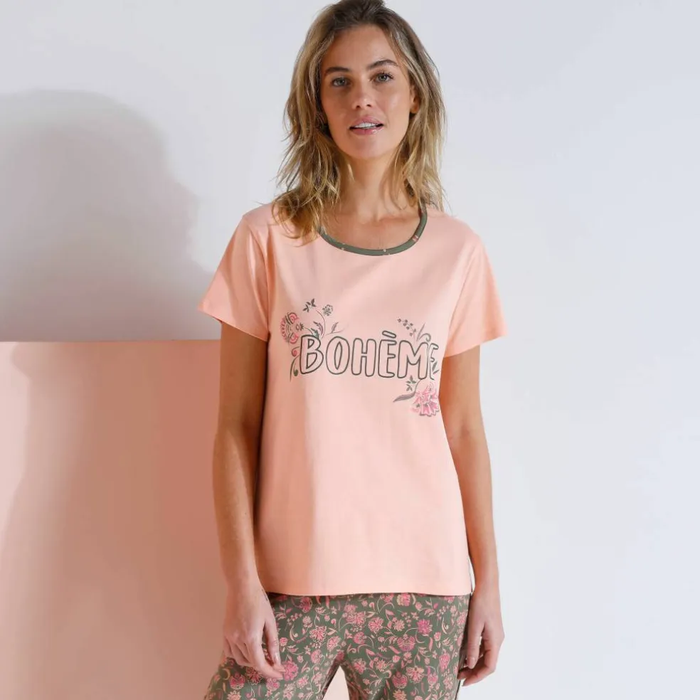 T-shirt manches courtes coton uni imprimé placé "Bohème"