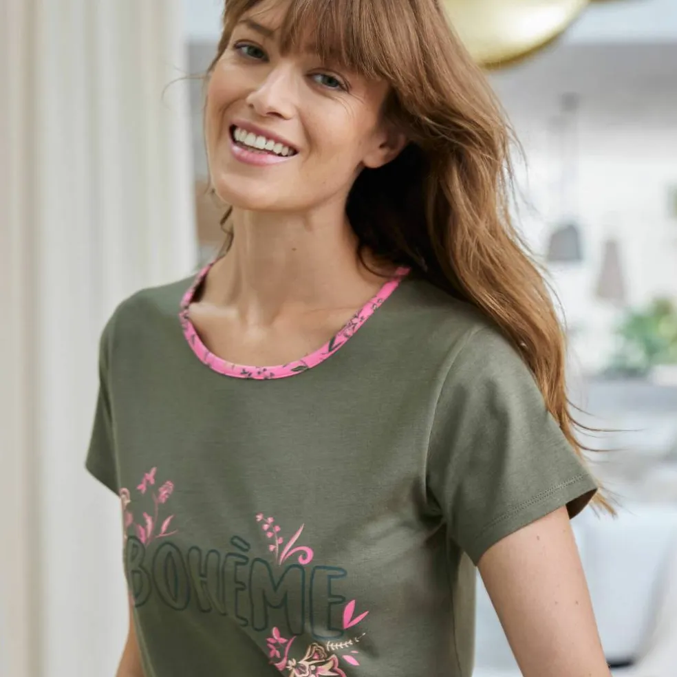 T-shirt manches courtes coton uni imprimé placé "Bohème"
