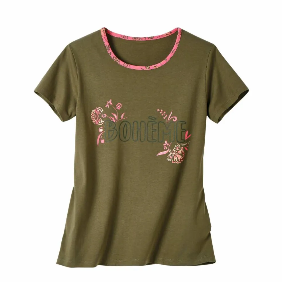 T-shirt manches courtes coton uni imprimé placé "Bohème"