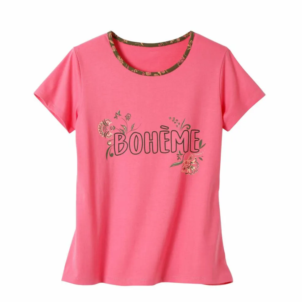T-shirt manches courtes coton uni imprimé placé "Bohème"