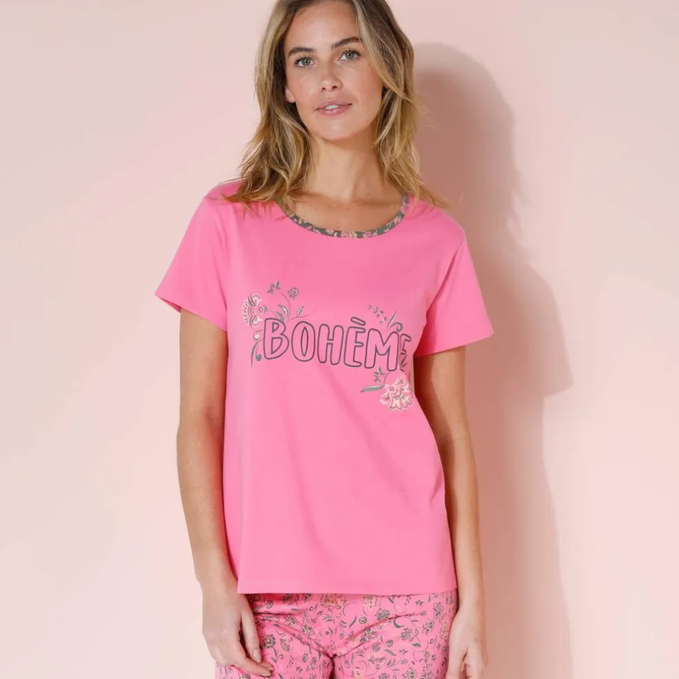T-shirt manches courtes coton uni imprimé placé "Bohème"