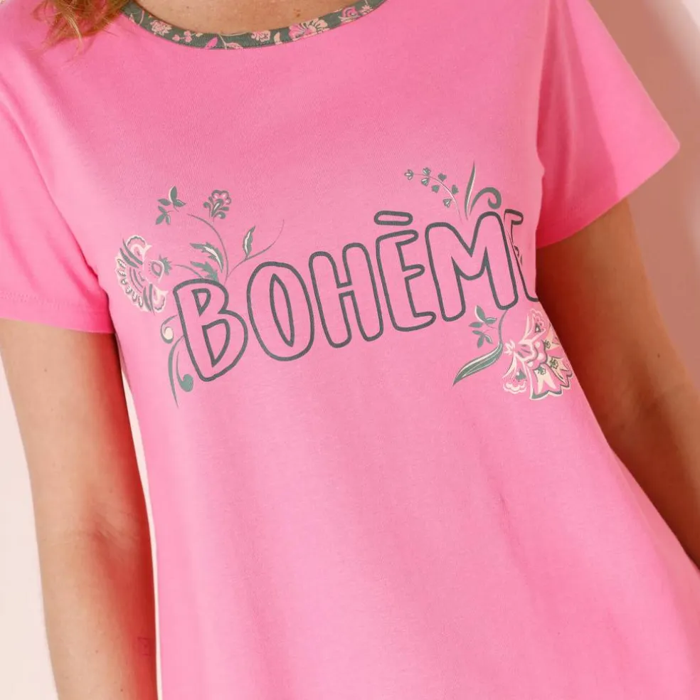 T-shirt manches courtes coton uni imprimé placé "Bohème"