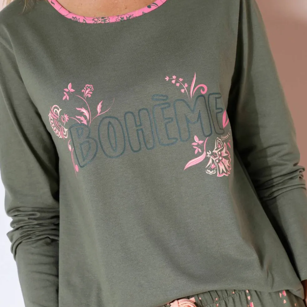 T-shirt manches longues coton uni imprimé placé "Bohème"