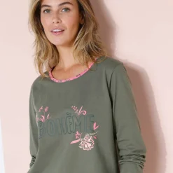 T-shirt manches longues coton uni imprimé placé