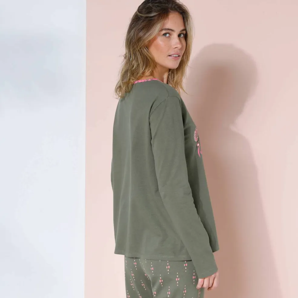 T-shirt manches longues coton uni imprimé placé "Bohème"
