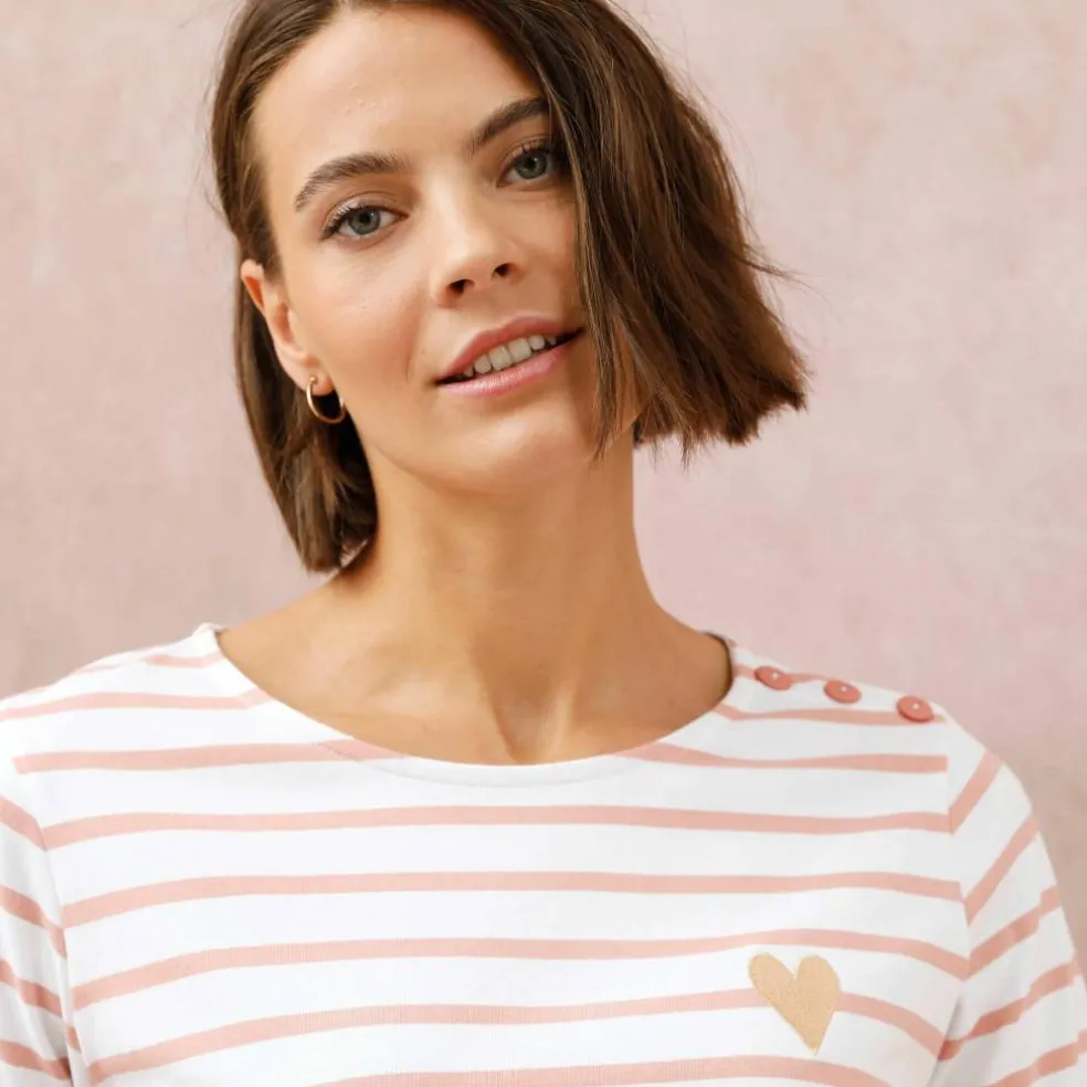 T-shirt marinière broderie coeur doré en coton biologique(**)