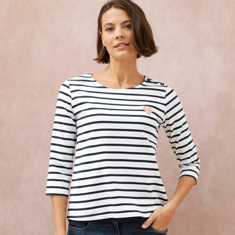 T-shirt marinière broderie coeur doré en coton biologique(**)