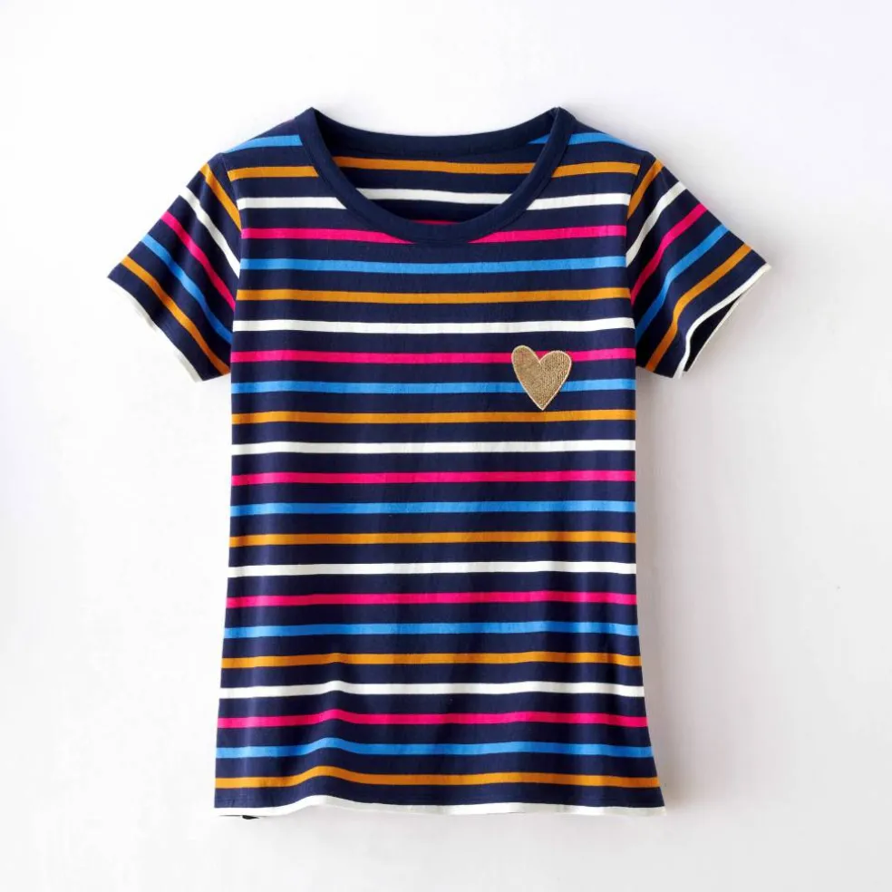 T-shirt rayé manches courtes, brodé "cœur" doré