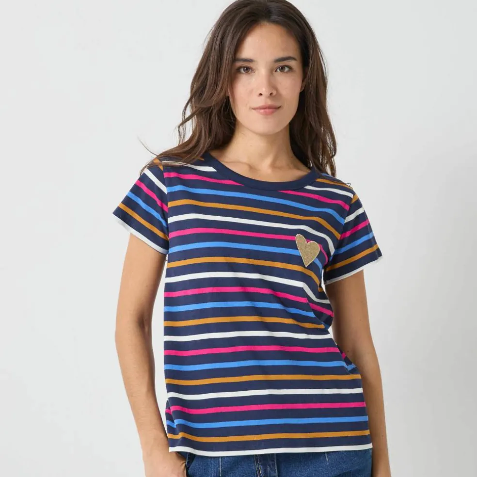 T-shirt rayé manches courtes, brodé "cœur" doré
