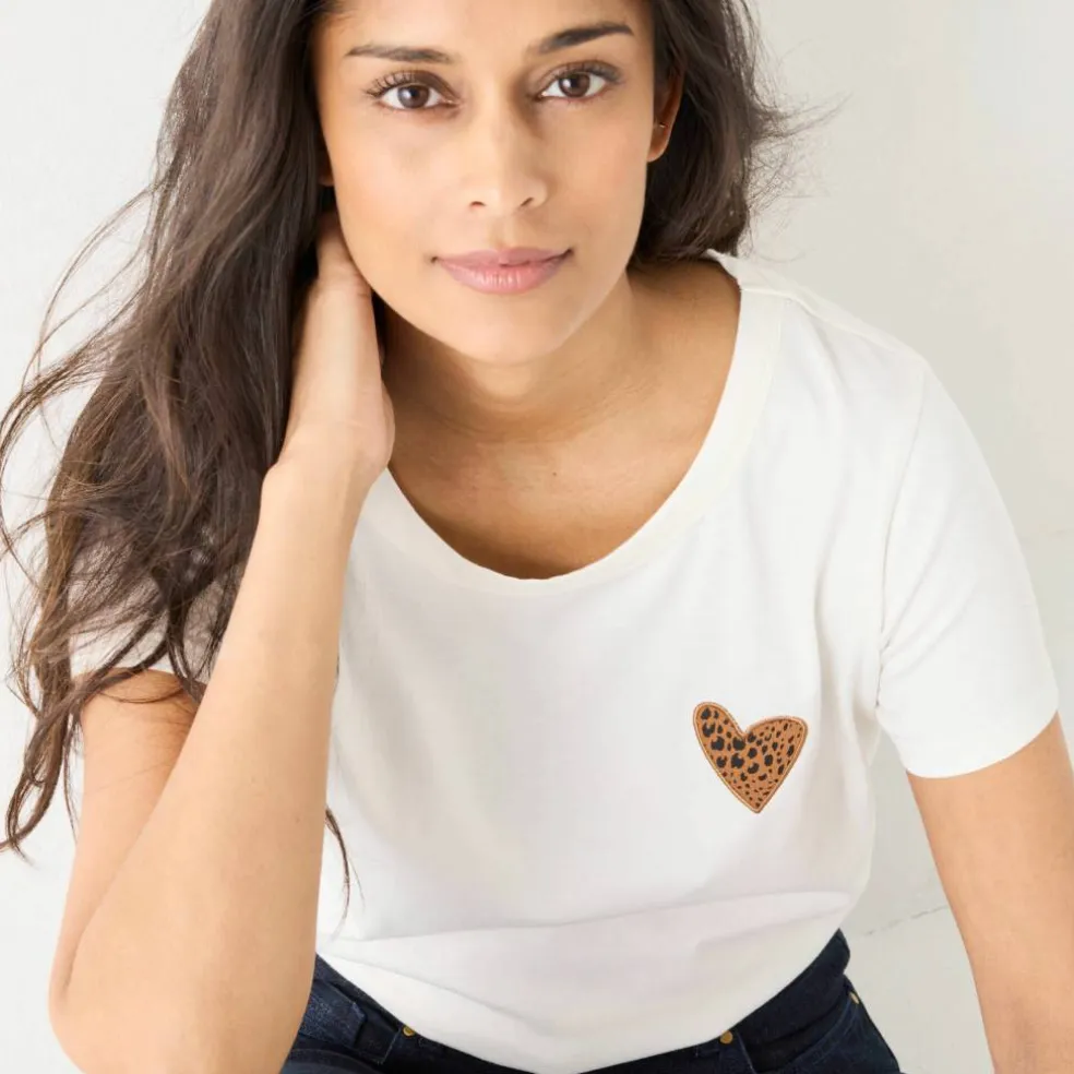 T-shirt uni brodé coeur manches courtes
