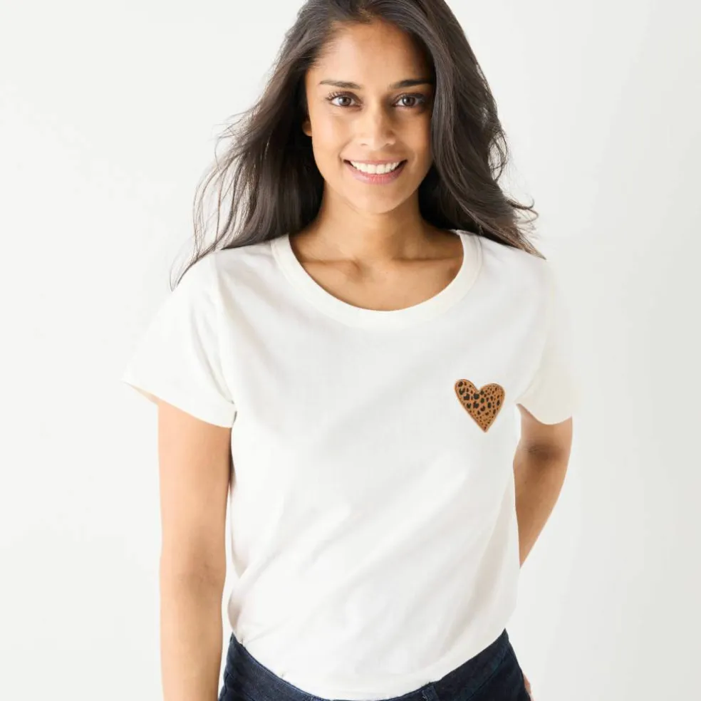T-shirt uni brodé coeur manches courtes