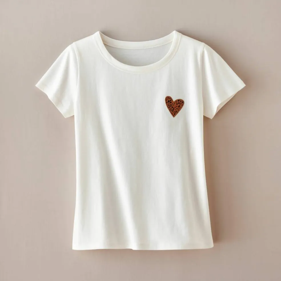 T-shirt uni brodé coeur manches courtes