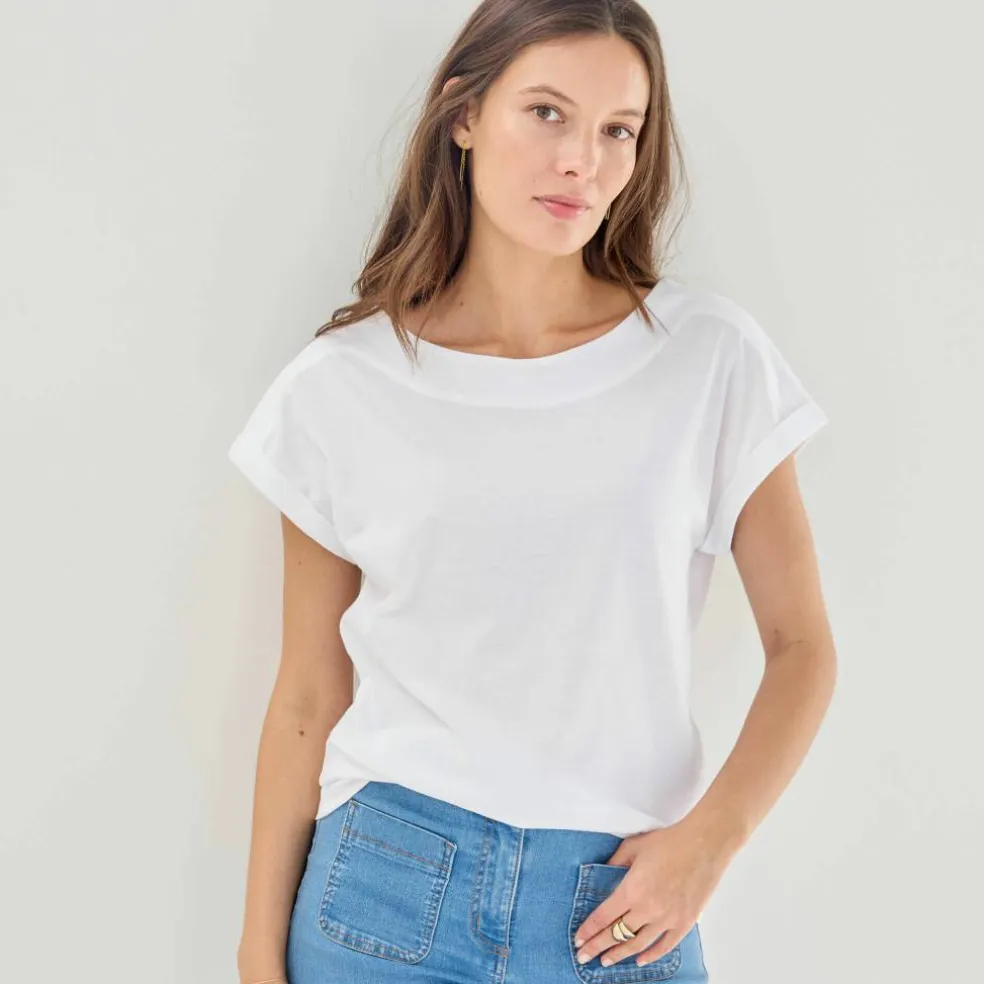 T-shirt uni col bateau, manches courtes
