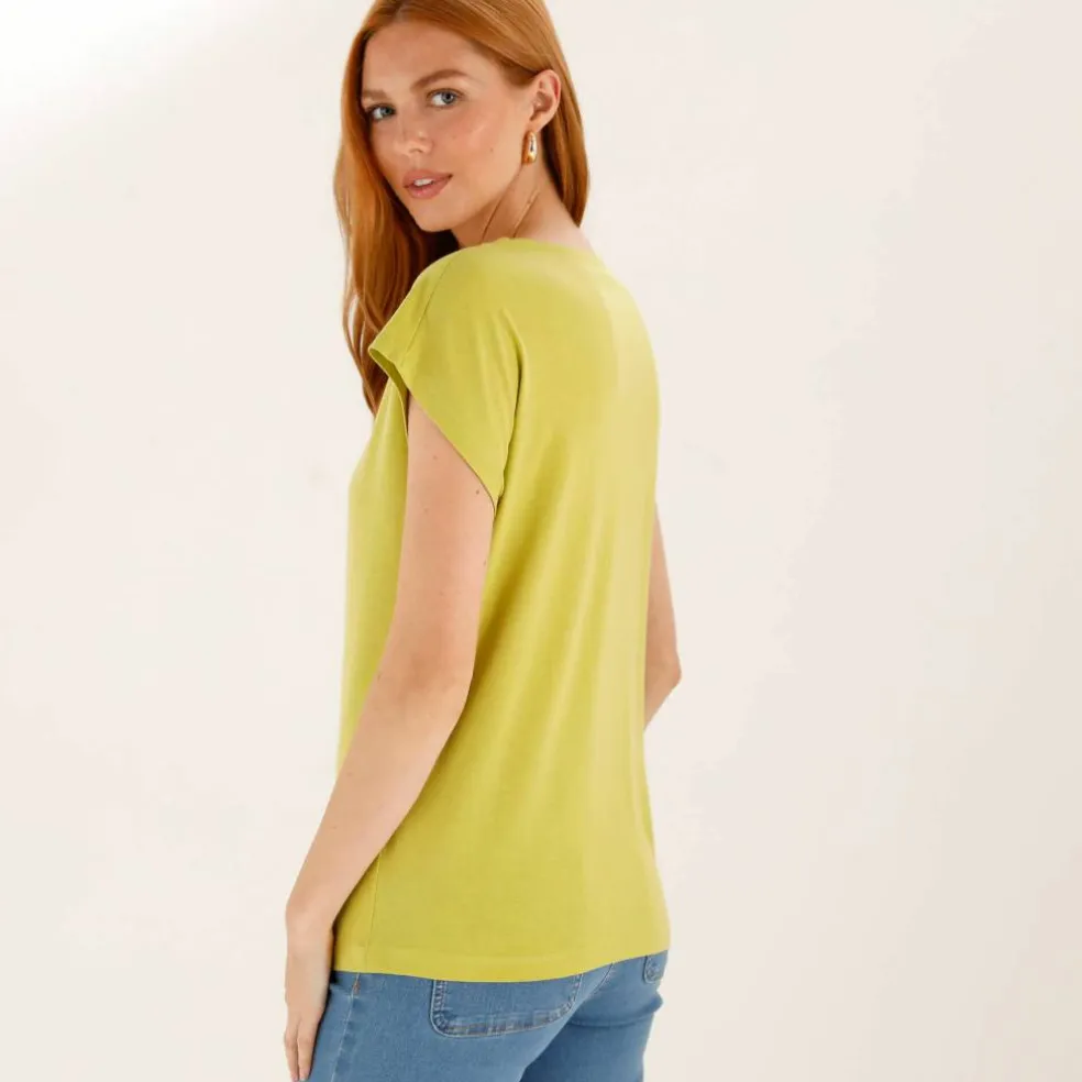 T-shirt uni, col V macramé