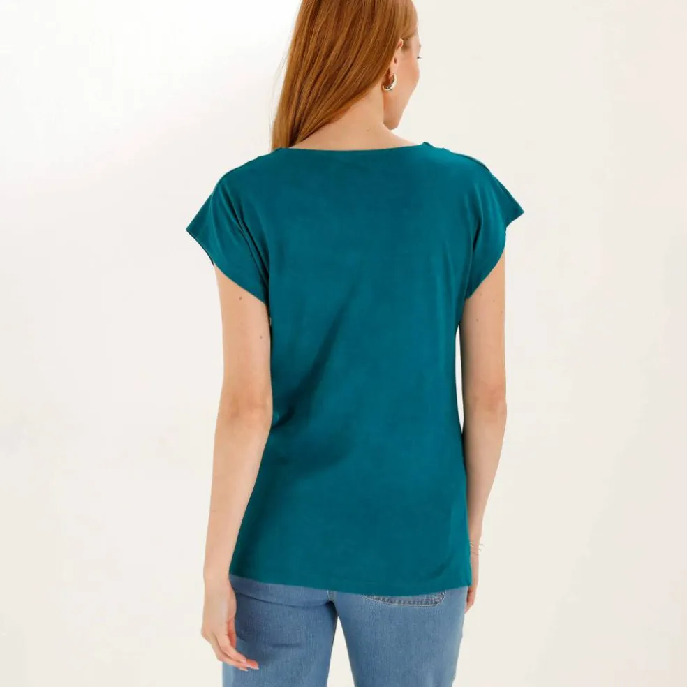 T-shirt uni, col V macramé