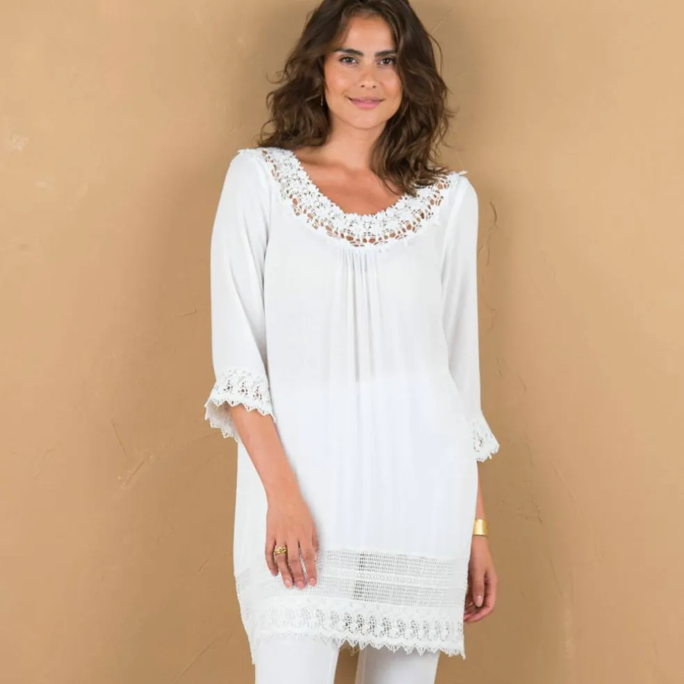 Tunique macramé manches 3/4, crépon
