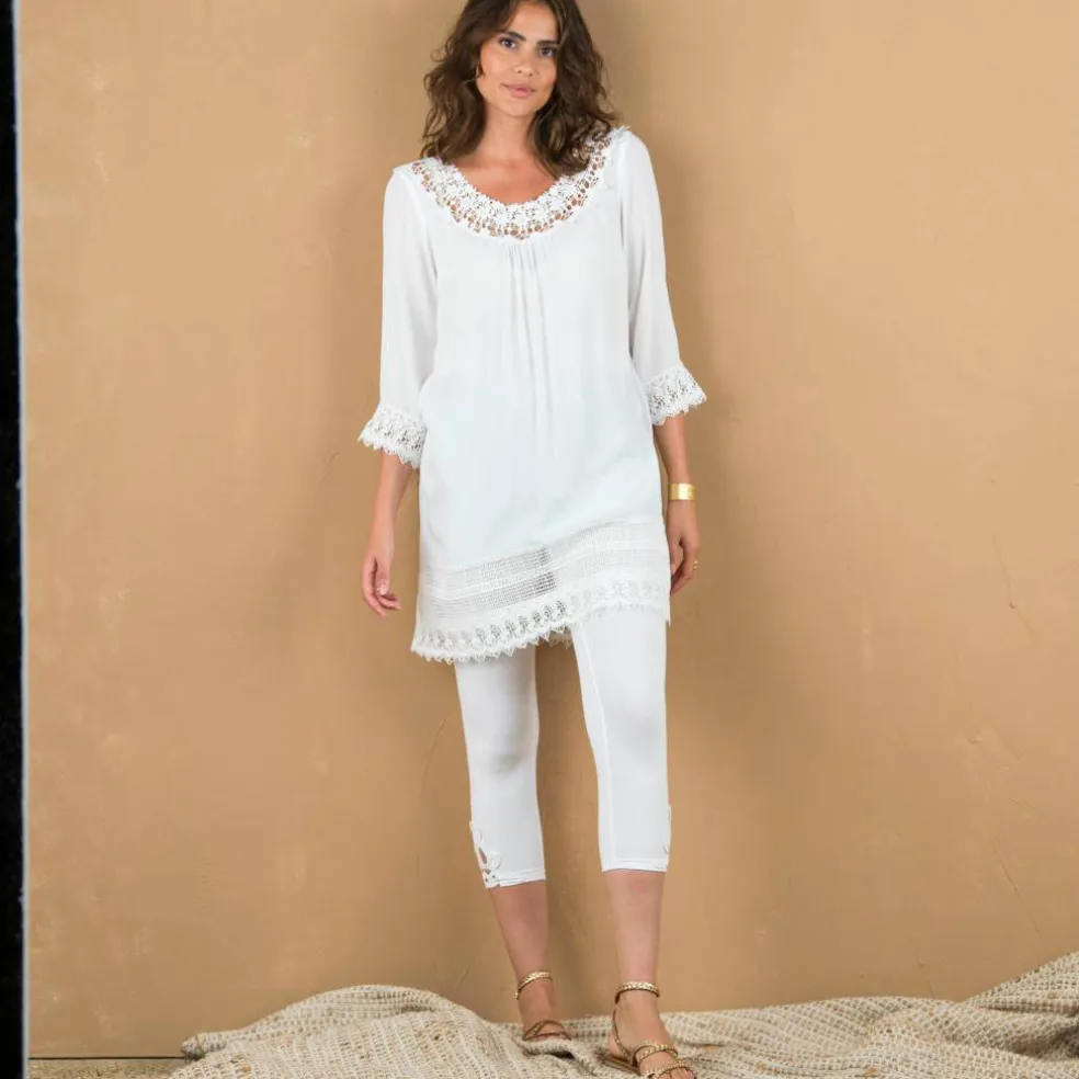 Tunique macramé manches 3/4, crépon