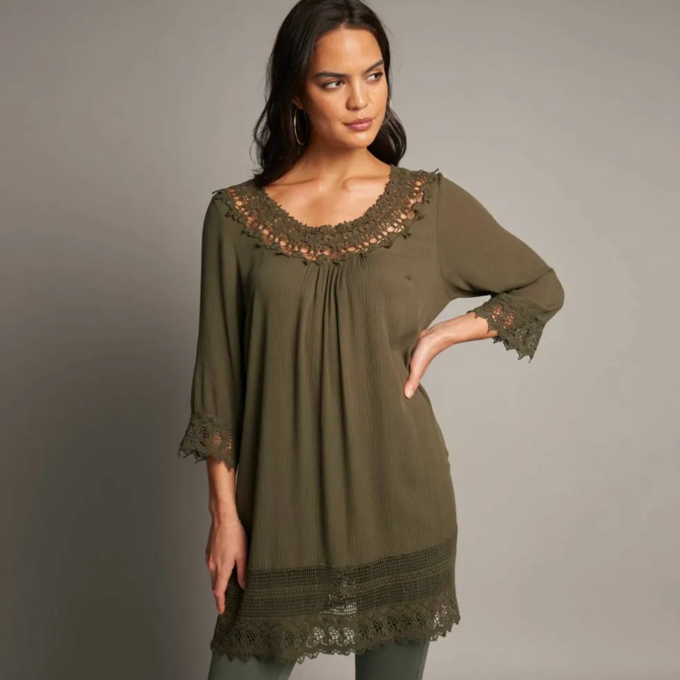 Tunique macramé manches 3/4, crépon