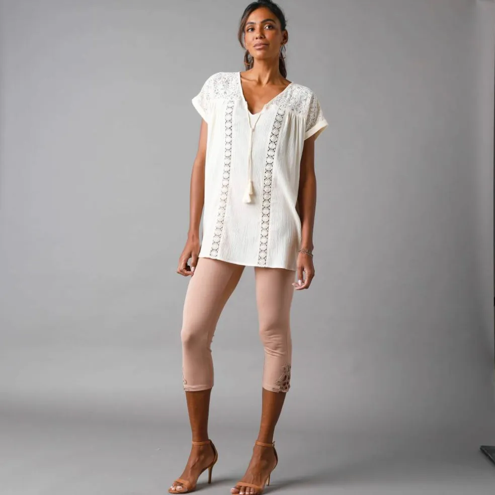 Tunique unie, dentelle et crépon