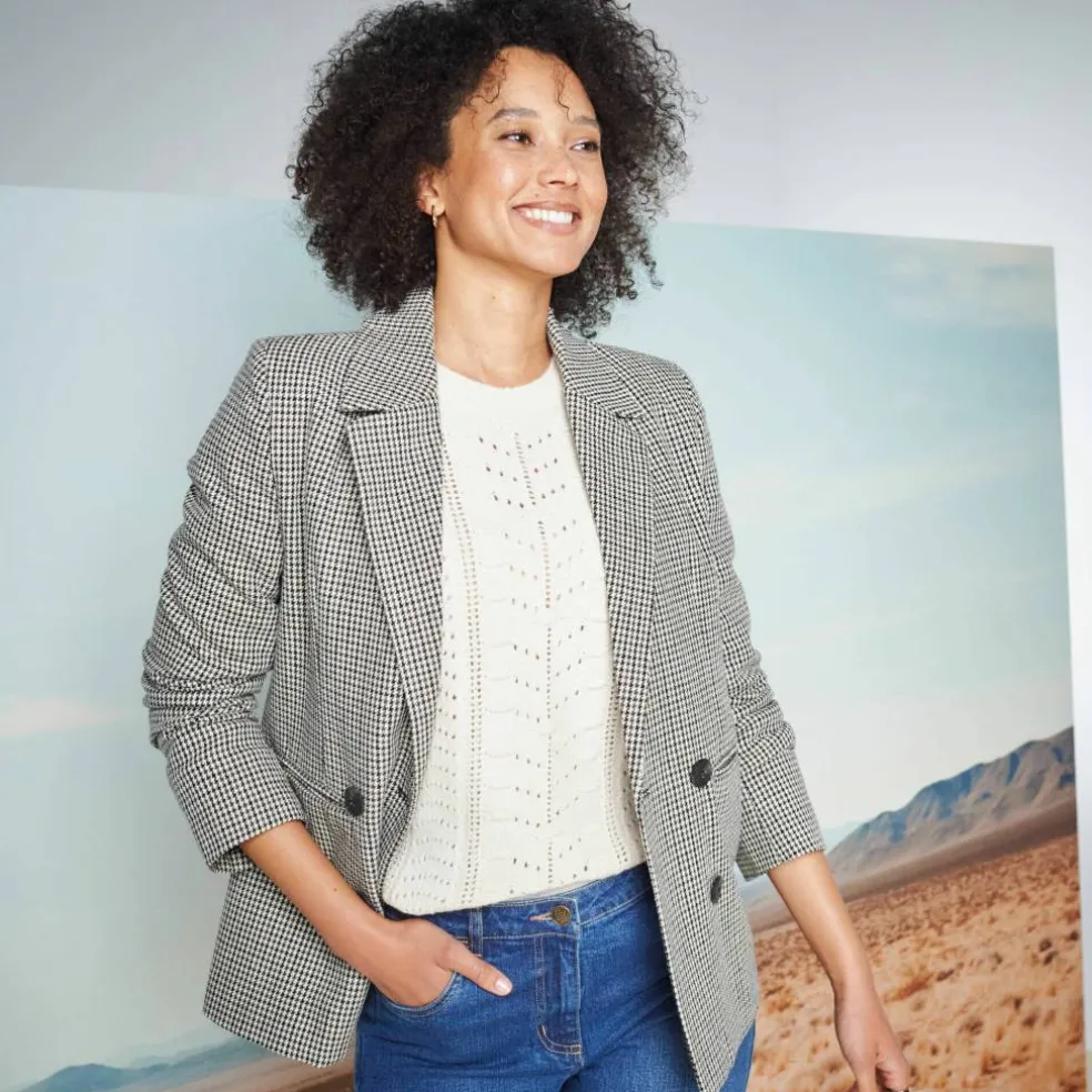 Veste blazer double boutonnage, imprimé pied-de-poule