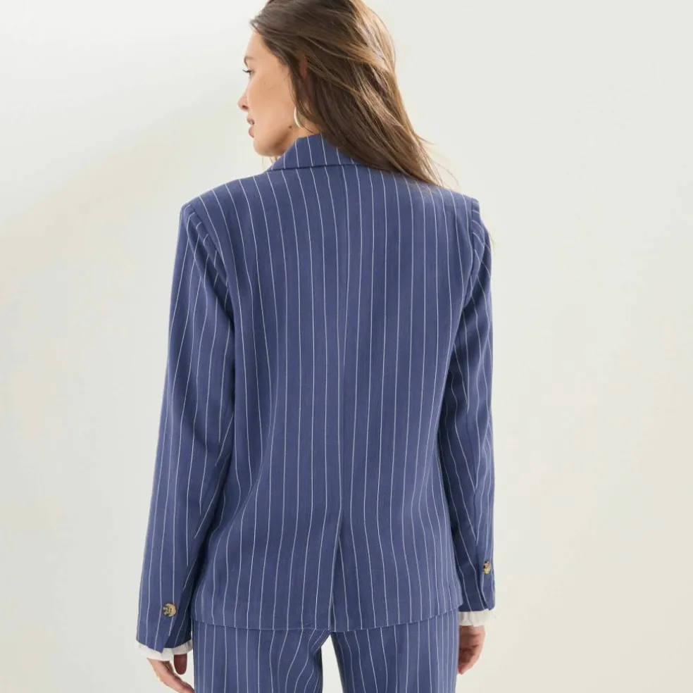 Veste blazer rayée, viscose-lin