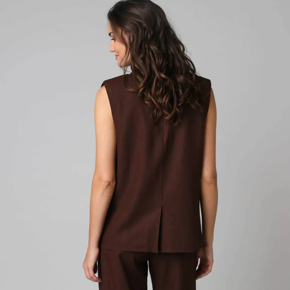 Veste blazer sans manches col tailleur, en viscose-lin