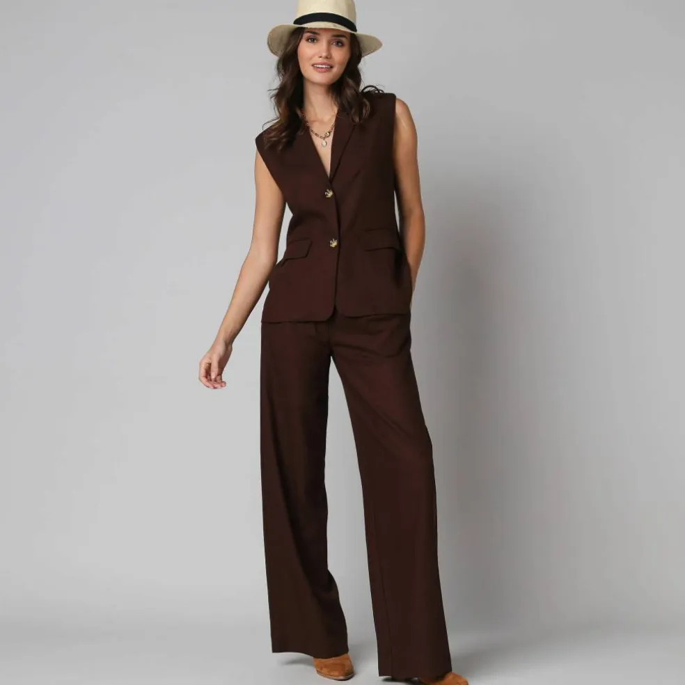 Veste blazer sans manches col tailleur, en viscose-lin