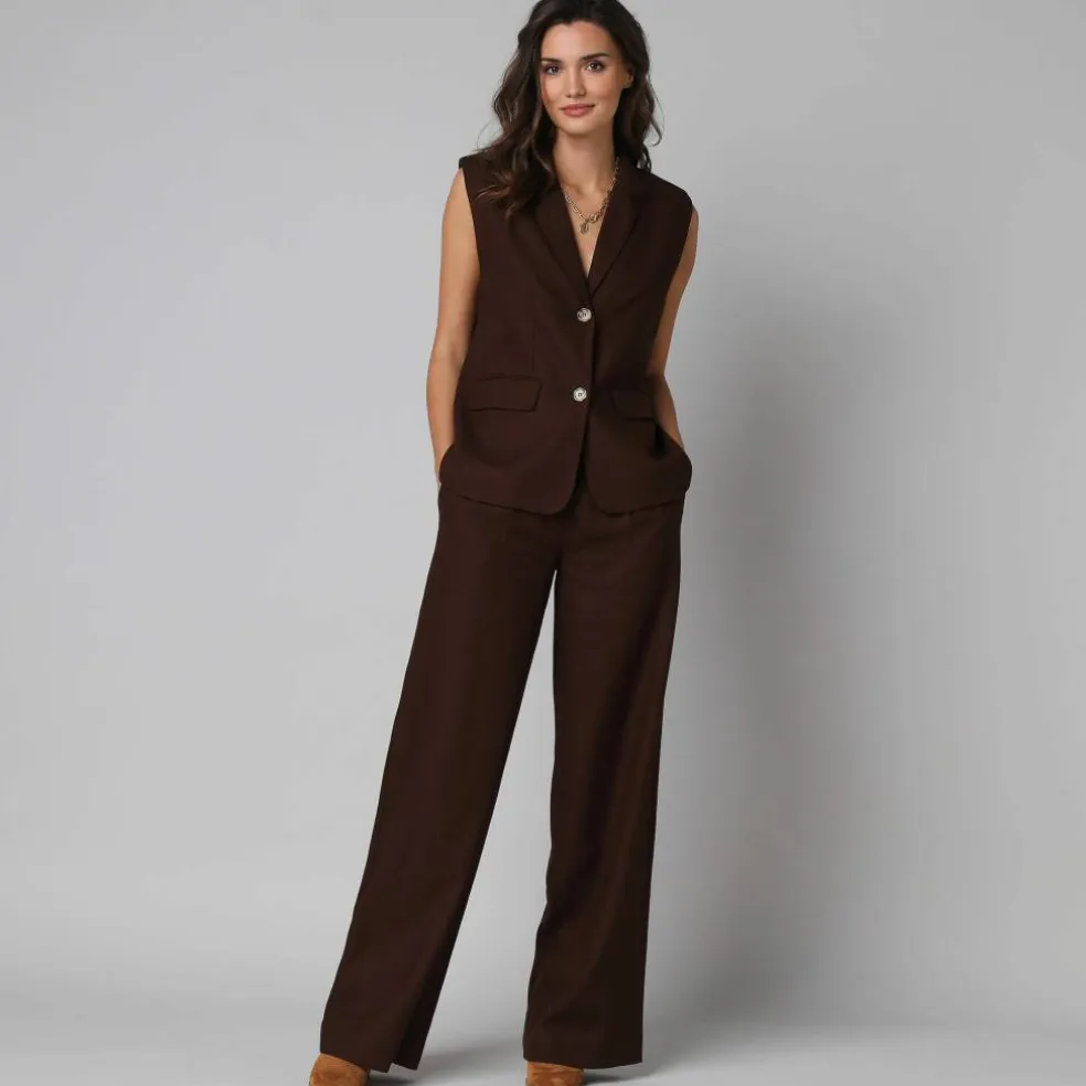Veste blazer sans manches col tailleur, en viscose-lin