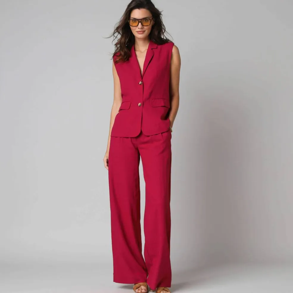 Veste blazer sans manches col tailleur, en viscose-lin