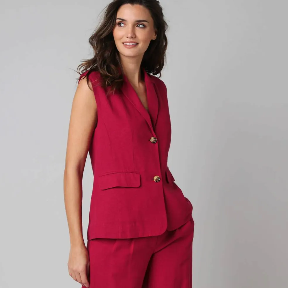 Veste blazer sans manches col tailleur, en viscose-lin