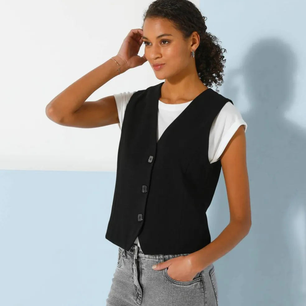 Veste "cafetier" sans manches, crêpe fluide
