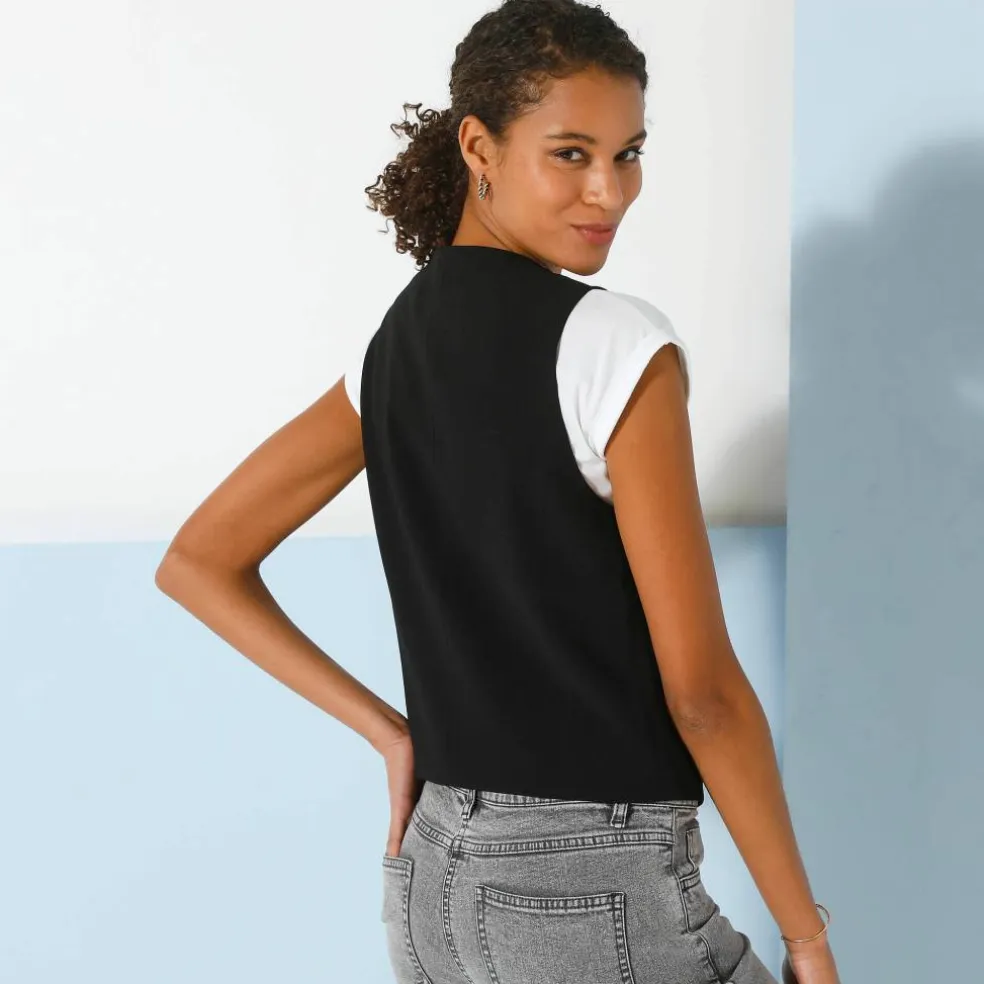 Veste "cafetier" sans manches, crêpe fluide