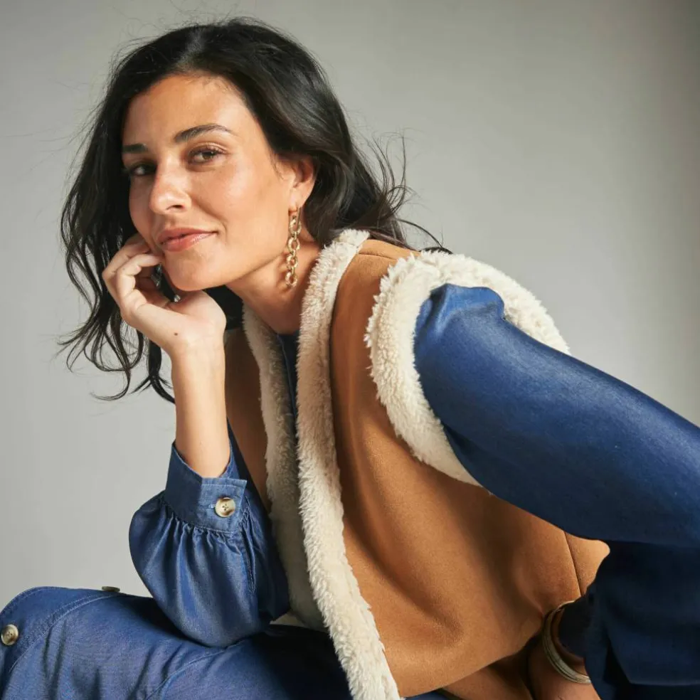 Veste fourrée sans manches, en suédine