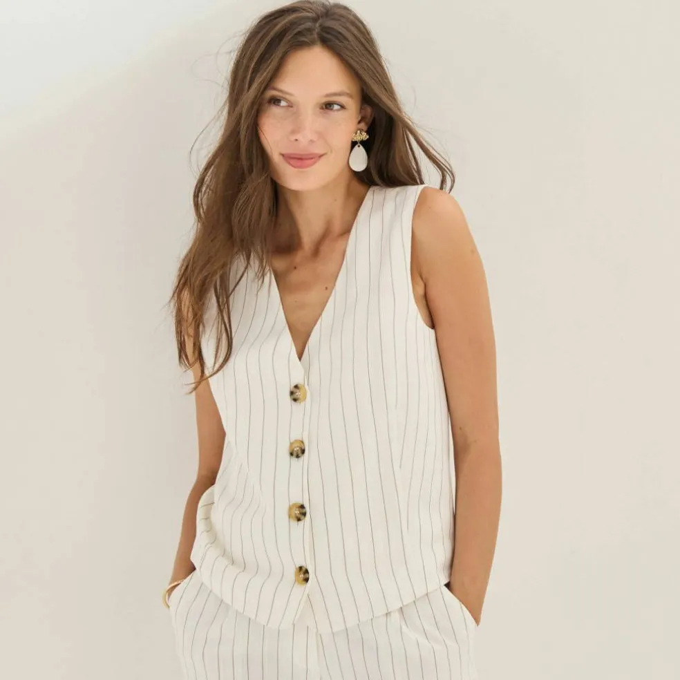 Veste style cafetier sans manches rayée, viscose-lin