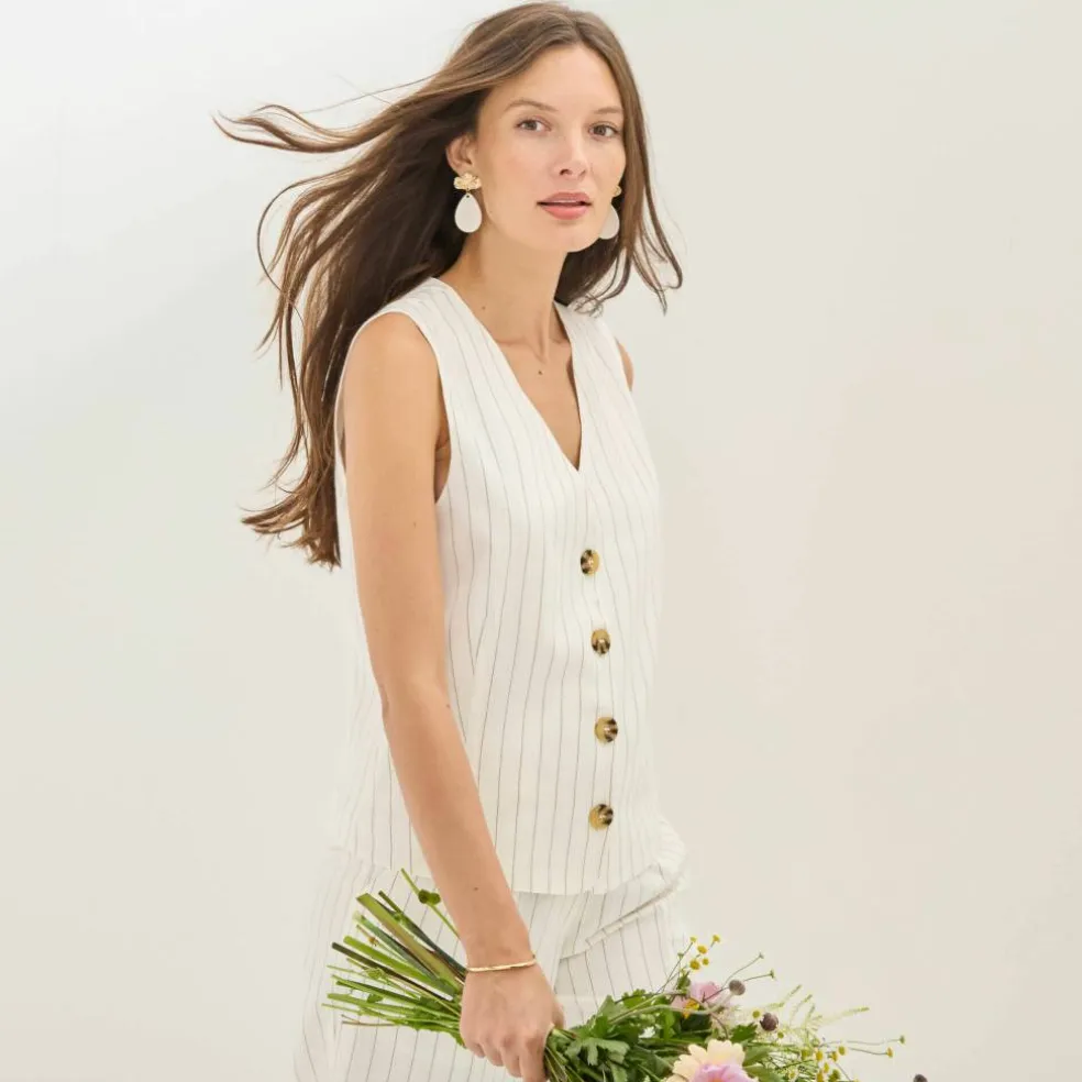 Veste style cafetier sans manches rayée, viscose-lin